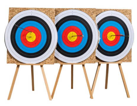 Set of Multiple Archery Targets with Bullseye Arrows from Front View – Transparent PNG.
