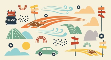 A stylized illustration featuring a road trip theme with a car, signs, mountains, clouds, and a highway badge.