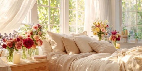 The Bright Bedroom Adorned with Colorful Flowers and Natural Light