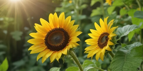 Obraz premium A bee delicately perched on a vibrant sunflower petal, surrounded by lush green foliage , color, plant