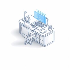 Person working at a desk with a laptop and virtual display in a minimalistic office setting