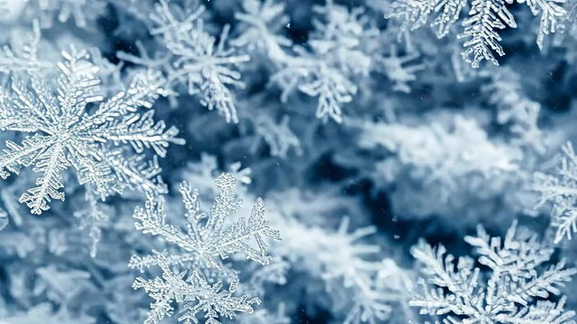 Observe the mesmerizing descent of unique snowflakes, highlighting their intricate designs in a tranquil winter setting