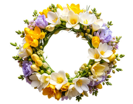 Circular Freesia Flower Wreath with Delicate Petals and Greenery, isolated on a transparent background.