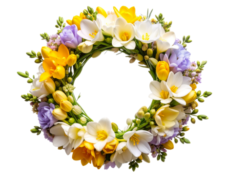 Circular Freesia Flower Wreath with Delicate Petals and Greenery, isolated on a transparent background.