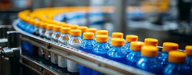 Blue Liquid Bottles Moving on a Conveyor Belt in a Manufacturing Facility, Close-up view of numerous small, clear plastic bottles filled with a vibrant blue liquid, lined up on a conveyor belt within 