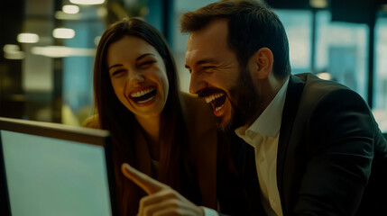 A laughing couple points at a computer screen in a business setting