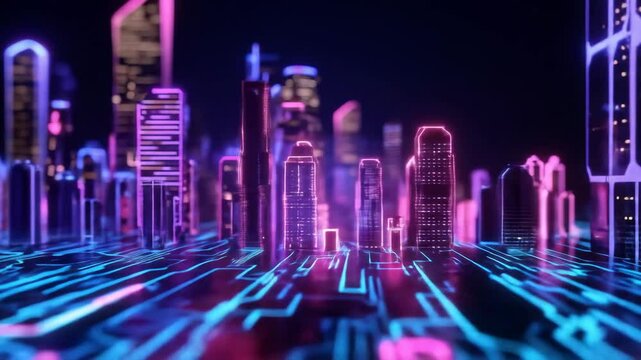 Futuristic Neon Cityscape at Night - A stunning digital video of a futuristic cityscape at night, with buildings outlined in vibrant neon pink and blue lights.