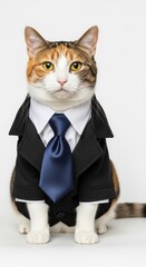 A cat dressed in a formal business suit and tie, standing upright with a confident expression, combining wildlife charm with corporate style
