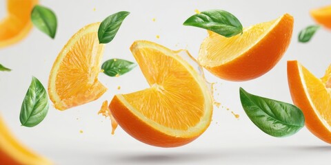 The Fresh Orange Slices Surrounded by Green Leaves and Splashing Water