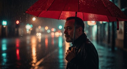 Man with red umbrella stands on wet city street at night with lights.