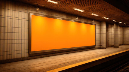 Empty orange billboard in a subway station