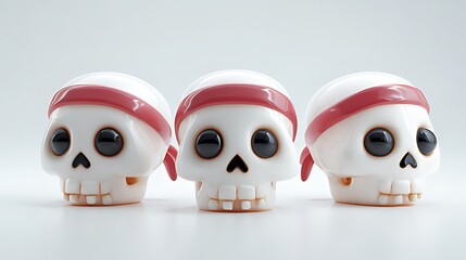 Three Cartoon Skulls with Bandanas in a Row, A close-up, 3D render of three cartoonish skulls, each adorned with a red bandana.
