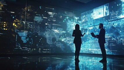 Business Technology Analysis: Team Discussing Data Visualization on Futuristic Interface - Powered by Adobe