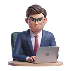 Angry businessman wearing glasses working on laptop isolated on transparent background