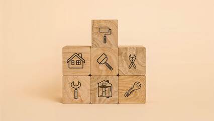 A pyramid of wooden blocks displaying icons for home improvement, repair, and construction, including tools like a wrench and paint roller.