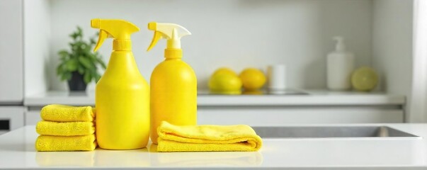Bright Yellow Cleaning Supplies Ready for Spring Cleaning A Cheerful and Organized Countertop Scene, Ideal for Housekeeping and Disinfectant Imagery