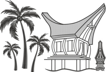 Indonesian Toraja House and Palm Trees Embroidery Design