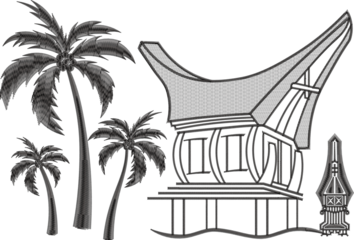 Indonesian Toraja House and Palm Trees Embroidery Design