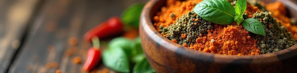 Rustic Wooden Bowl of Aromatic Pizza Spices Oregano, Basil, Thyme, Rosemary, Chili Flakes, Garlic & Onion Powder, Ready to Season Your Homemade Pizza