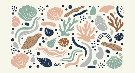 Naklejka premium An assortment of stylized seashells, coral, seaweed, and abstract shapes are arranged on a light background in a flat lay composition.