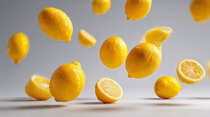 Fresh lemons floating and falling on light gray background