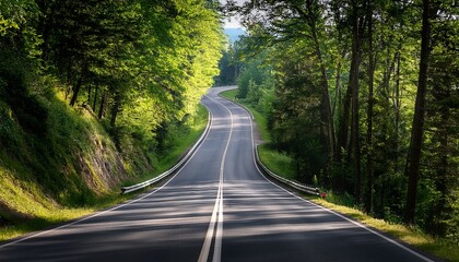 an empty winding road through green trees