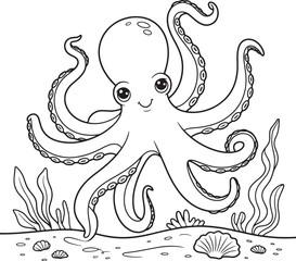 Happy cartoon octopus with tentacles and seabed elements shells seaweed