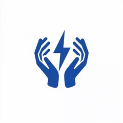 Obraz premium Blue hands holding lightning bolt energy symbol on white background