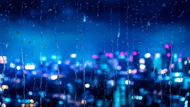 Rainy Night Cityscape Viewed Through Window - Rain streaks down a windowpane, blurring the brightly lit cityscape at night. The bokeh effect from the city lights creates a moody and atmospheric scene.