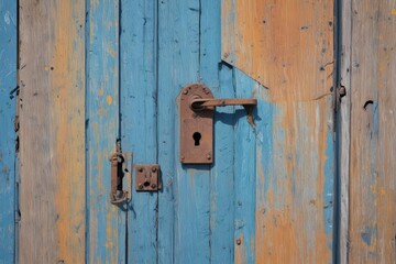 A weathered blue door, rusty lock, keyhole visible , door knob, entryway
