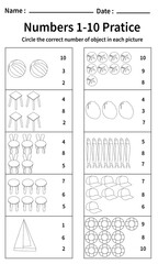 number 1-10 worksheets for preschool and kindergarten. workbooks, worksheet, homework, exercise, practice.