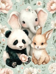 Endearing Trio of Baby Elephant, Panda & Bunny Watercolored on Mint Canvas