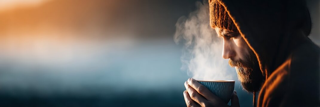 Man Wearing A Hood Enjoys A Hot Beverage Outdoors In The Morning