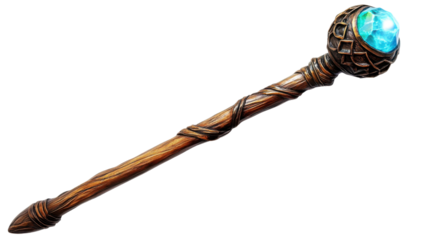 Vintage magical staff with intricate wooden design illustration on white background