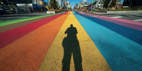 The colorful pavement creating vibrant shadow patterns in an urban landscape.