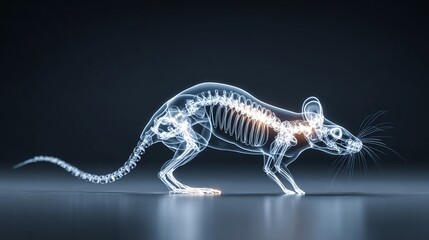 Naklejka premium X-ray image of a rodent, revealing its bone structure in a ghostly, glowing display against a dark backdrop. Anatomy and science imagery.