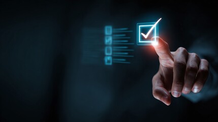 Interactive digital checklist. A finger taps a luminous check box, signifying completion. This symbolizes digital productivity, task management, and success.