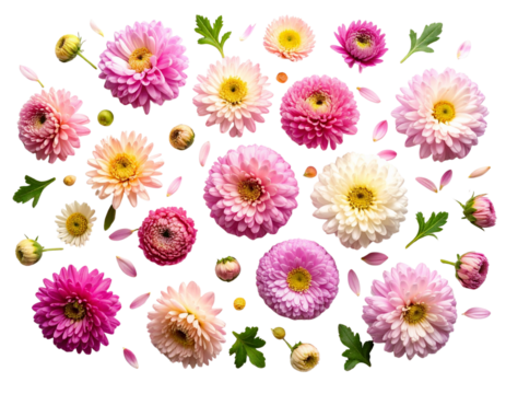 Flat Lay of Aster Flowers with Scattered Petals and Buds, isolated on a transparent background.