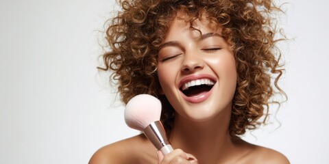 The radiant woman smiling joyfully while applying makeup with a brush.