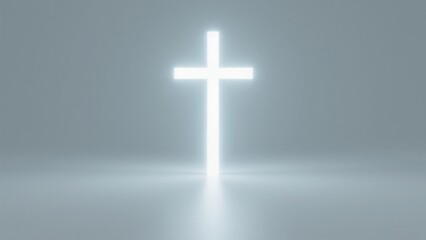Obraz premium A glowing white cross symbol against a light gray background, emitting a soft, ethereal light.