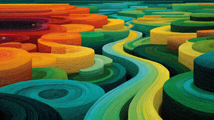 Abstract colorful landscape with swirling layered shapes and winding path, creating vibrant and dynamic visual effect