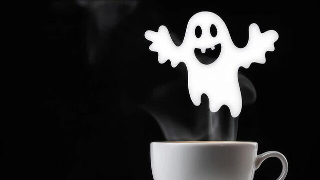 Spooky Ghost in Steam from Coffee Cup - A white ghost shape is formed in the steam rising from a white coffee cup on a dark wooden surface.