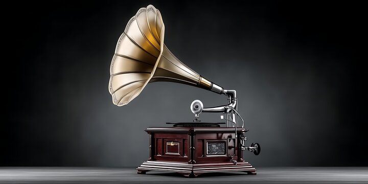 Antique gramophone plays music with ornate horn against a dark background