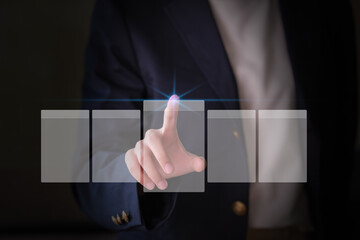 Close-up hand of an Asian businesswoman pointing to the shape of an artificial intelligence with various icons of smart city Internet of Things Technology.