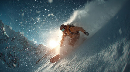Snowboarder carving through fresh powder snow on sunny mountain slope with snow spray and clear blue sky