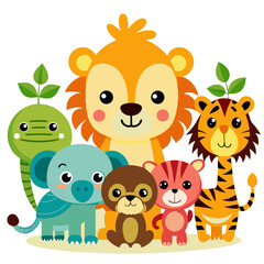 Naklejka premium Cute Jungle Animal Vector Set for Kids | Cartoon Lion, Elephant, Tiger, Giraffe