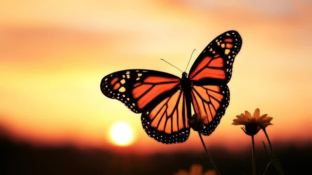 Monarch Butterfly at Sunset - A monarch butterfly with its wings spread wide rests on a flower silhouetted against a vibrant sunset. The warm colors of the sky create a peaceful and serene atmosphere.