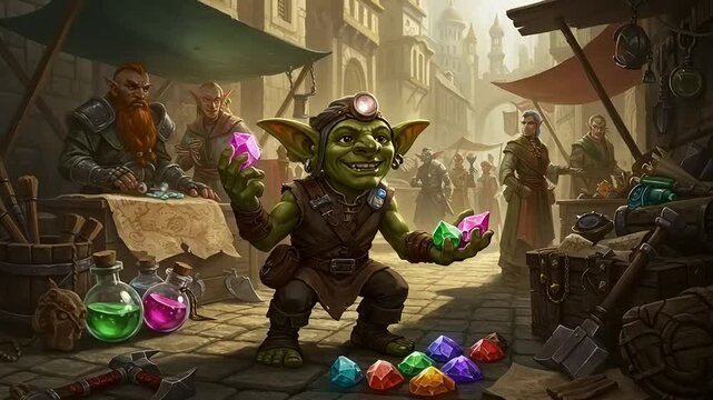 A goblin merchant shows off his gemstone wares at a medieval fantasy marketplace