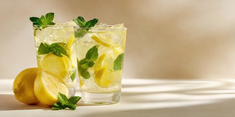 The refreshing lemonade served in glasses with ice and mint garnish.