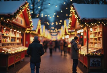 Obraz premium Outdoor holiday market stalls illuminated with festive lights at dusk